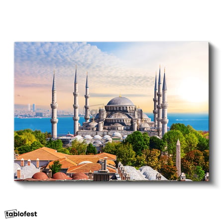 Yatay Kanvas Tablo Sultanahmet Camii ve Ağaçlar Şehir Mimari Tablo Ev Ofis Duvar Dekoru