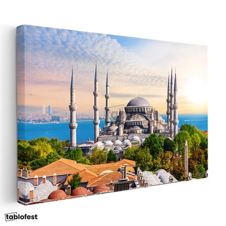 Yatay Kanvas Tablo Sultanahmet Camii ve Ağaçlar Şehir Mimari Tablo Ev Ofis Duvar Dekoru