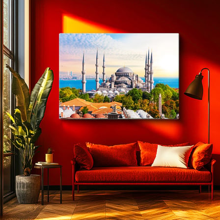 Yatay Kanvas Tablo Sultanahmet Camii ve Ağaçlar Şehir Mimari Tablo Ev Ofis Duvar Dekoru