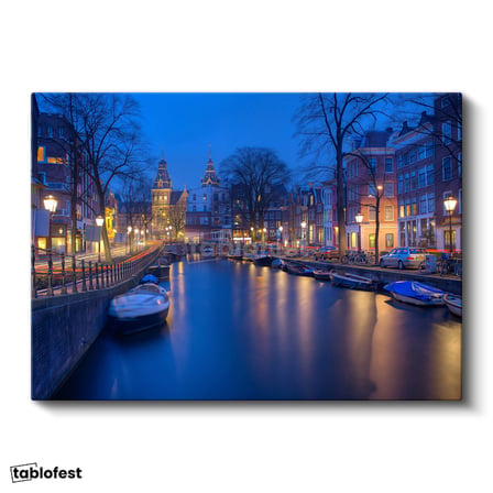 Yatay Kanvas Tablo Amsterdam Kanalı Gece Manzarası Şehir Mimari Tablo Ev Ofis Duvar Dekoru