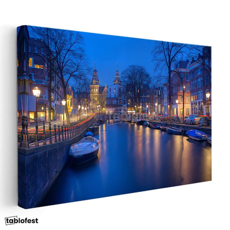 Yatay Kanvas Tablo Amsterdam Kanalı Gece Manzarası Şehir Mimari Tablo Ev Ofis Duvar Dekoru