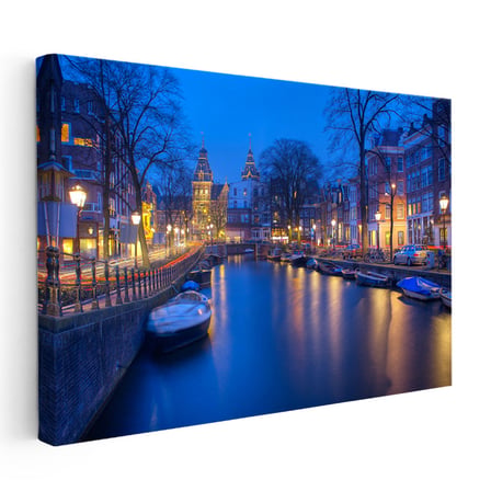 Yatay Kanvas Tablo Amsterdam Kanalı Gece Manzarası Şehir Mimari Tablo Ev Ofis Duvar Dekoru