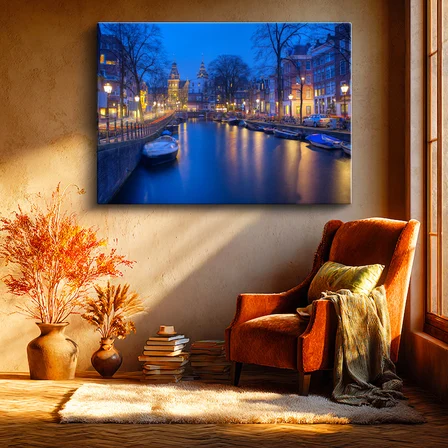 Yatay Kanvas Tablo Amsterdam Kanalı Gece Manzarası Şehir Mimari Tablo Ev Ofis Duvar Dekoru