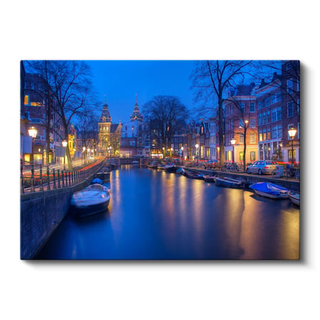 Yatay Kanvas Tablo Amsterdam Kanalı Gece Manzarası Şehir Mimari Tablo Ev Ofis Duvar Dekoru