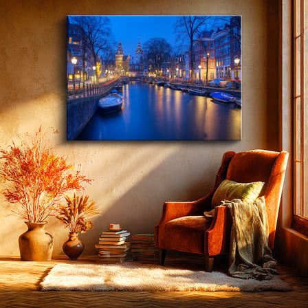 Yatay Kanvas Tablo Amsterdam Kanalı Gece Manzarası Şehir Mimari Tablo Ev Ofis Duvar Dekoru