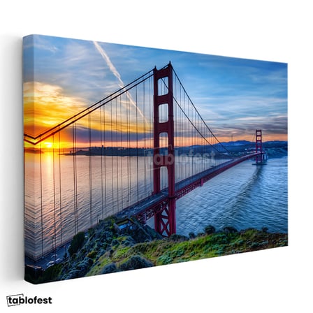 Yatay Kanvas Tablo Golden Gate Köprüsü Gün Batımı Ufuk Şehir Mimari Tablo Ev Ofis Duvar Dekoru