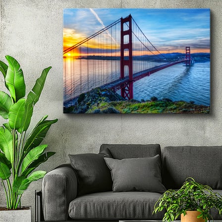 Yatay Kanvas Tablo Golden Gate Köprüsü Gün Batımı Ufuk Şehir Mimari Tablo Ev Ofis Duvar Dekoru