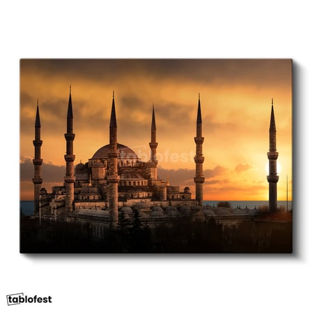 Yatay Kanvas Tablo Sultanahmet Camii Gün Batımı Silüeti Şehir Mimari Tablo Ev Ofis Duvar Dekoru
