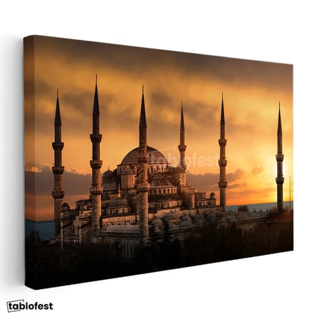 Yatay Kanvas Tablo Sultanahmet Camii Gün Batımı Silüeti Şehir Mimari Tablo Ev Ofis Duvar Dekoru