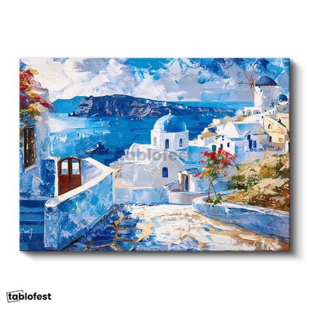 Yatay Kanvas Tablo Santorini Beyaz Evler Değirmen Şehir Mimari Tablo Ev Ofis Duvar Dekoru