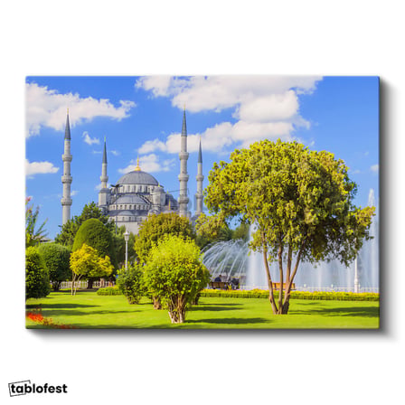 Yatay Kanvas Tablo Sultanahmet Camii Yeşillik ve Havuz Şehir Mimari Tablo Ev Ofis Duvar Dekoru