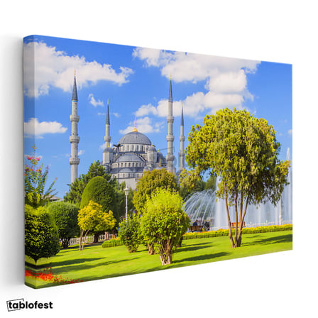 Yatay Kanvas Tablo Sultanahmet Camii Yeşillik ve Havuz Şehir Mimari Tablo Ev Ofis Duvar Dekoru