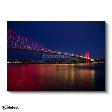 Yatay Kanvas Tablo Boğaz Köprüsü Kırmızı Gece Yansımaları Şehir Mimari Tablo Ev Ofis Duvar Dekoru