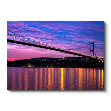 Yatay Kanvas Tablo İstanbul Köprüsü Mor Gökyüzü ve Yansıma Şehir Mimari Tablo Ev Ofis Duvar Dekoru