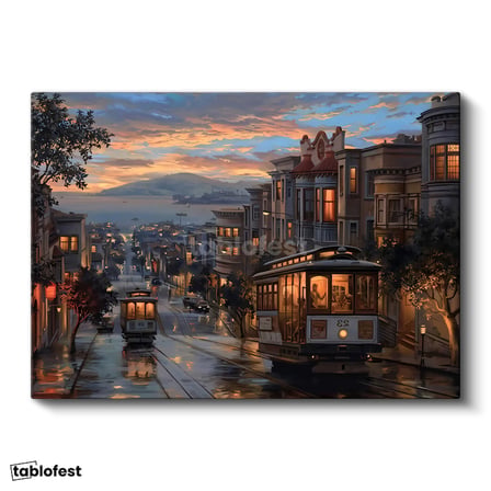 Yatay Kanvas Tablo San Francisco Tramvay Ve Yokuş Yol Şehir Ve Mimari Tablo Ev Ofis Duvar Dekoru