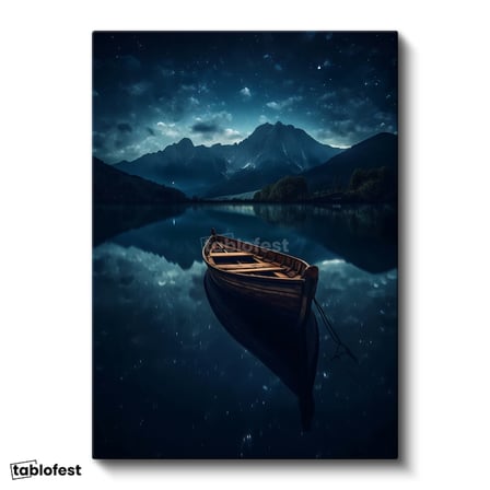 Dikey Kanvas Tablo Gece Gölü Ahşap Kayık ve Dağ Manzarası Manzara Tablosu Ev Ofis Duvar Dekoru