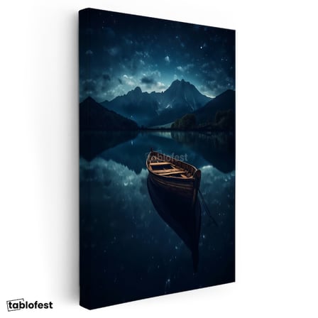 Dikey Kanvas Tablo Gece Gölü Ahşap Kayık ve Dağ Manzarası Manzara Tablosu Ev Ofis Duvar Dekoru