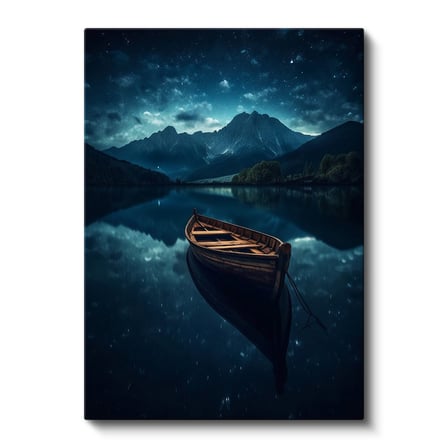 Dikey Kanvas Tablo Gece Gölü Ahşap Kayık ve Dağ Manzarası Manzara Tablosu Ev Ofis Duvar Dekoru