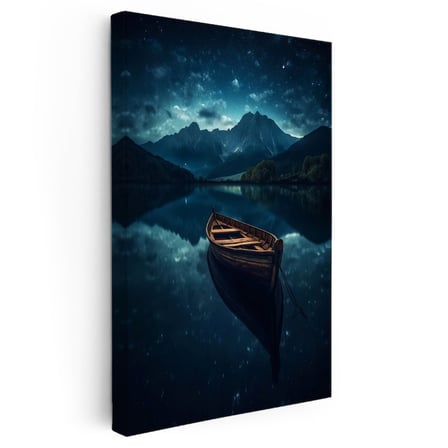 Dikey Kanvas Tablo Gece Gölü Ahşap Kayık ve Dağ Manzarası Manzara Tablosu Ev Ofis Duvar Dekoru