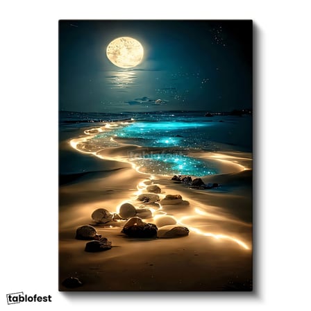 Dikey Kanvas Tablo Gece Sahili Ay Işığı ve Kayalıklar Manzara Ve Doğa Tablosu Ev Ofis Duvar Dekoru