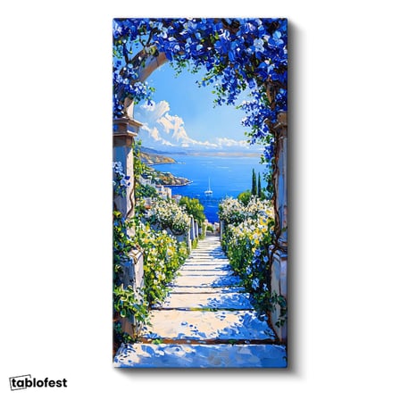 Dikey Panoramik Kanvas Tablo Çiçekli Kemer Deniz Manzarası Manzara Tablosu Ev Ofis Duvar Dekoru