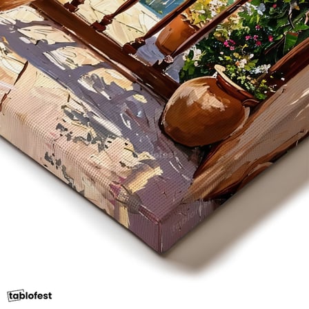 Dikey Panoramik Kanvas Tablo Balkon Çiçekler Deniz Yelkenli Manzara Tablosu Ev Ofis Duvar Dekoru