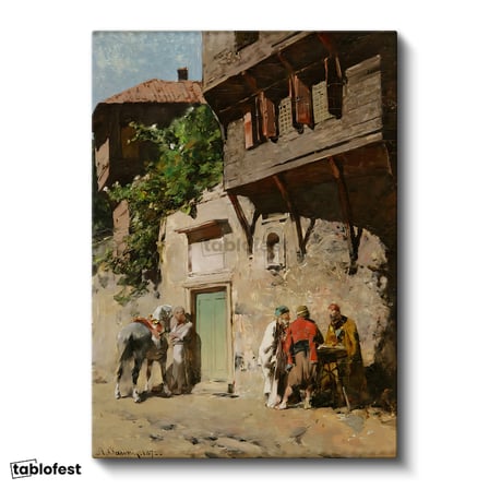 Dikey Kanvas Tablo Ahşap Evler ve Sokak Yaşamı Osmanlı Tablosu Ev Ofis Duvar Dekoru