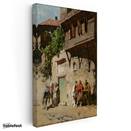 Dikey Kanvas Tablo Ahşap Evler ve Sokak Yaşamı Osmanlı Tablosu Ev Ofis Duvar Dekoru