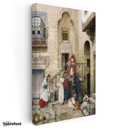Dikey Kanvas Tablo Taş Avlu ve Günlük Yaşam Osmanlı Tablosu Ev Ofis Duvar Dekoru