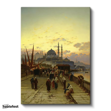 Dikey Kanvas Tablo Eski İstanbul Köprüsü ve Halk Osmanlı Tablosu Ev Ofis Duvar Dekoru