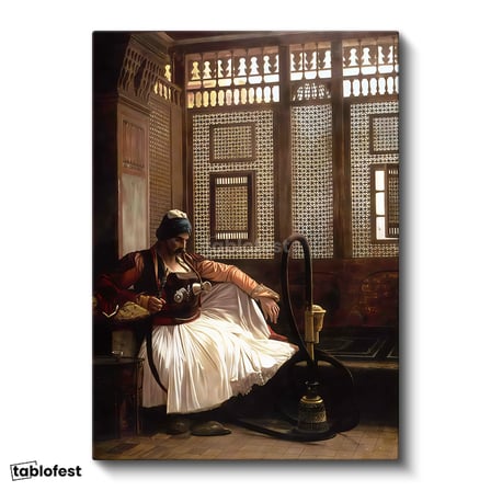 Dikey Kanvas Tablo Ahşap Kafesli Oda ve Nargile Osmanlı Tablosu Ev Ofis Duvar Dekoru