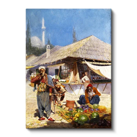 Dikey Kanvas Tablo Pazar Yerinde Kavun Karpuz Satıcısı Osmanlı Tablosu Ev Ofis Duvar Dekoru
