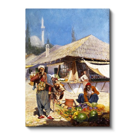 Dikey Kanvas Tablo Pazar Yerinde Kavun Karpuz Satıcısı Osmanlı Tablosu Ev Ofis Duvar Dekoru