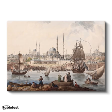 Yatay Kanvas Tablo İstanbul Boğazı Tarihi Gemi ve İskele Sahnesi Ev Ofis Duvar Dekoru