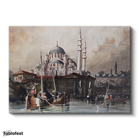 Yatay Kanvas Tablo Yeni Cami Liman Manzarası Osmanlı Tablosu Ev Ofis Duvar Dekoru