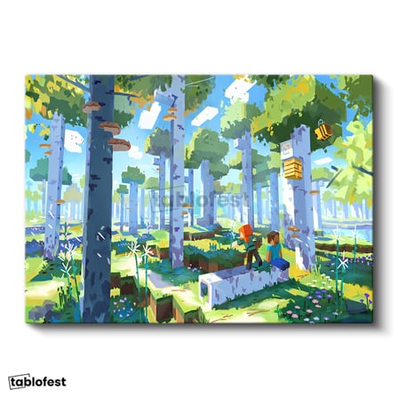 Yatay Kanvas Tablo Orman Biyomunda Keşif Minecraft Tablosu Ev Ofis Salon Duvar Dekoru