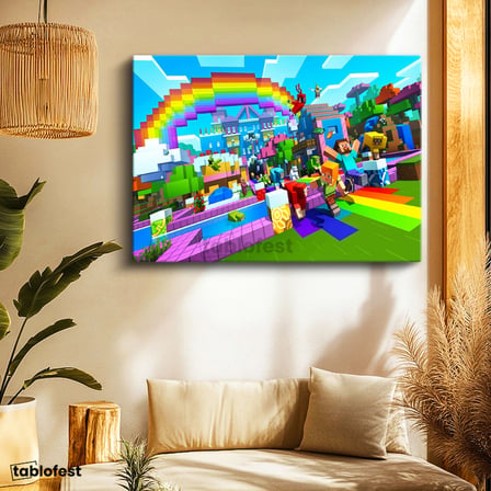 Yatay Kanvas Tablo Gökkuşağı Festivali Minecraft Tablosu Ev Ofis Salon Duvar Dekoru