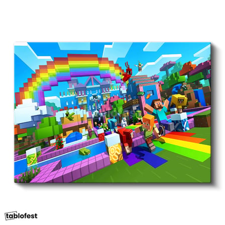 Yatay Kanvas Tablo Gökkuşağı Festivali Minecraft Tablosu Ev Ofis Salon Duvar Dekoru