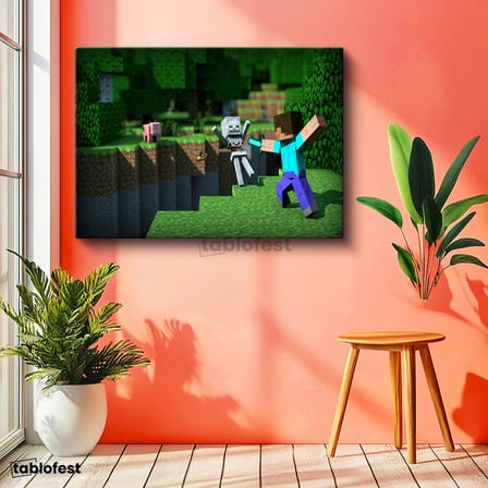 Yatay Kanvas Tablo İskelet Avı Minecraft Tablosu Ev Ofis Salon Duvar Dekoru