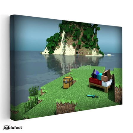 Yatay Kanvas Tablo Deniz Kenarında Kamp Minecraft Tablosu Ev Ofis Salon Duvar Dekoru