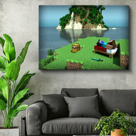 Yatay Kanvas Tablo Deniz Kenarında Kamp Minecraft Tablosu Ev Ofis Salon Duvar Dekoru