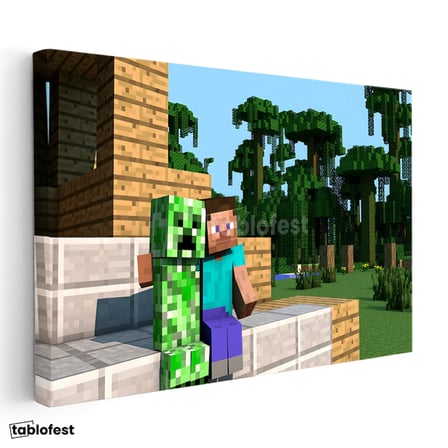 Yatay Kanvas Tablo Steve ve Creeper Dostluğu Minecraft Tablosu Ev Ofis Salon Duvar Dekoru