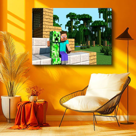 Yatay Kanvas Tablo Steve ve Creeper Dostluğu Minecraft Tablosu Ev Ofis Salon Duvar Dekoru
