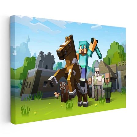 Yatay Kanvas Tablo Atlı Macera Minecraft Tablosu Ev Ofis Salon Duvar Dekoru