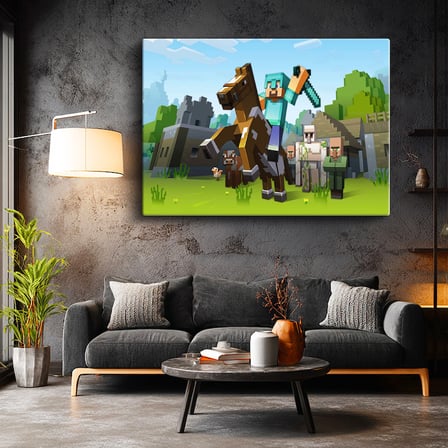Yatay Kanvas Tablo Atlı Macera Minecraft Tablosu Ev Ofis Salon Duvar Dekoru