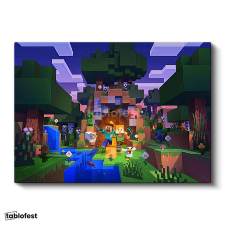 Yatay Kanvas Tablo Gece Kampı Minecraft Tablosu Ev Ofis Salon Duvar Dekoru