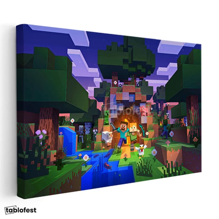 Yatay Kanvas Tablo Gece Kampı Minecraft Tablosu Ev Ofis Salon Duvar Dekoru