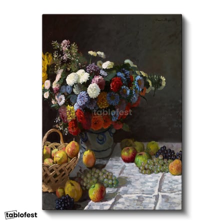 Dikey Kanvas Tablo Claude Monet Meyveler ve Çiçekler Sepetli Natürmort Ressam Tablosu Ev Ofis Dekoru