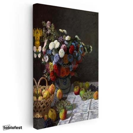 Dikey Kanvas Tablo Claude Monet Meyveler ve Çiçekler Sepetli Natürmort Ressam Tablosu Ev Ofis Dekoru