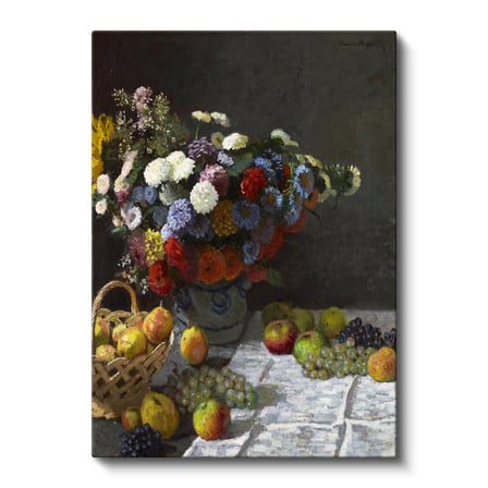 Dikey Kanvas Tablo Claude Monet Meyveler ve Çiçekler Sepetli Natürmort Ressam Tablosu Ev Ofis Dekoru